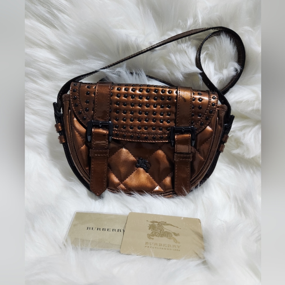 Burberry quilted patend small studded crossbody bag
